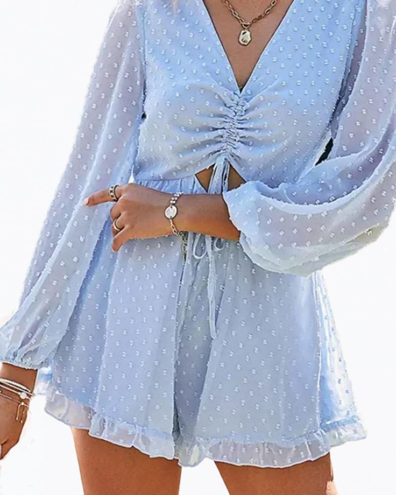 Front of a model wearing a size L Cutout Ruffled Chiffon Flounce Romper in Blue in Blue by L Michele. | dia_product_style_image_id:336353